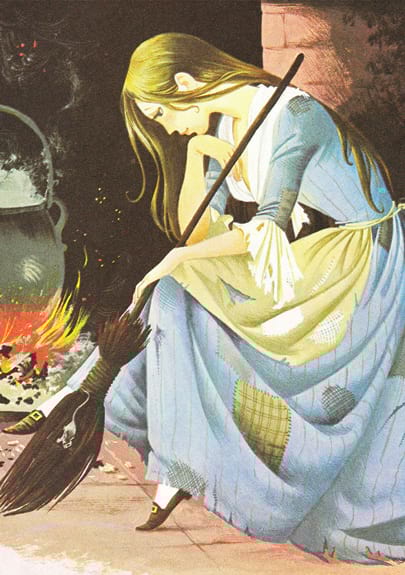 Aschenputtel assis, balai à la main