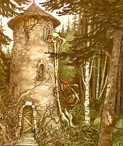 Dame Gotel monte la tour à l'aide des cheveux de Rapunzel