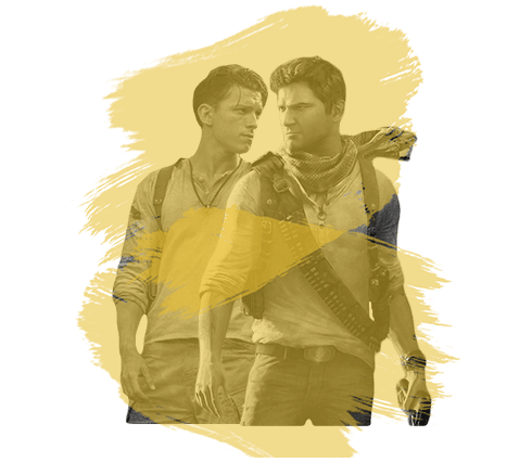 Nathan Drake du jeu vidéo ainsi que l'acteur dans le film